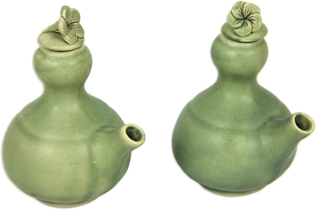 Handmade Happy Frangipani Ceramic Oil Vinegar Set (Pair) Green 2 Piece - Diamond Home USA
