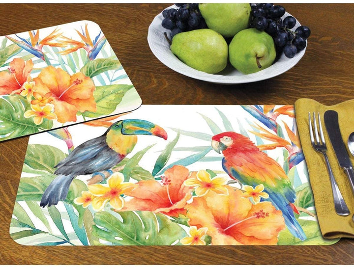 Wipe Clean Placemats Set 4 Tropical Birds Color Rectangle Plastic - Diamond Home USA