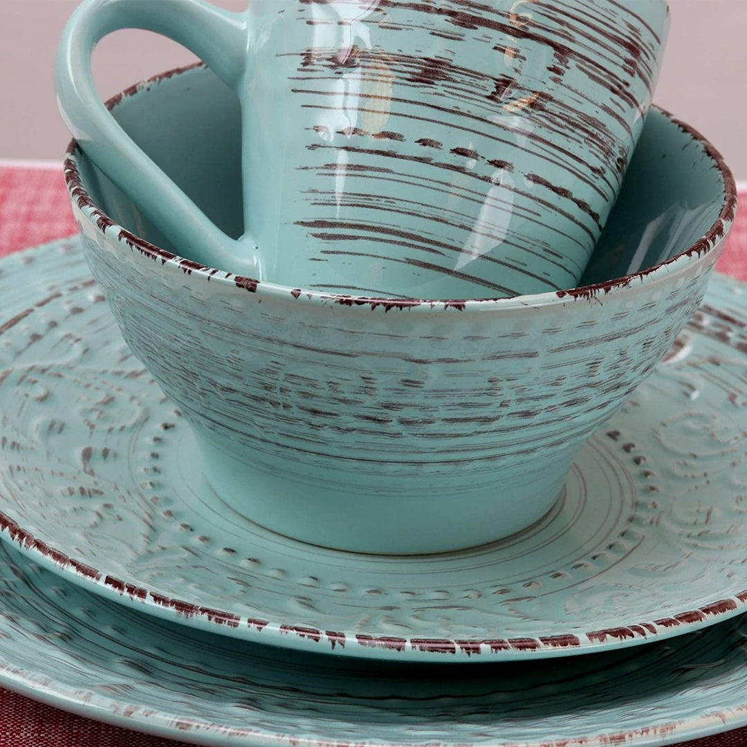 Ocean Waves 16 Piece Dinnerware Set Turquoise Blue Textured Casual Round Stoneware 16 Piece Microwave Safe - Diamond Home USA
