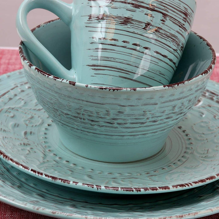 Ocean Waves 16 Piece Dinnerware Set Turquoise Blue Textured Casual Round Stoneware 16 Piece Microwave Safe - Diamond Home USA