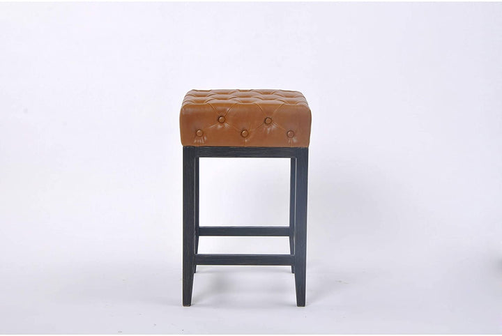 26 inch Tufted Tan Seat Counter Stool Black Washed Mid Century Modern Leather Wood Finish Distressed Upholstered - Diamond Home USA