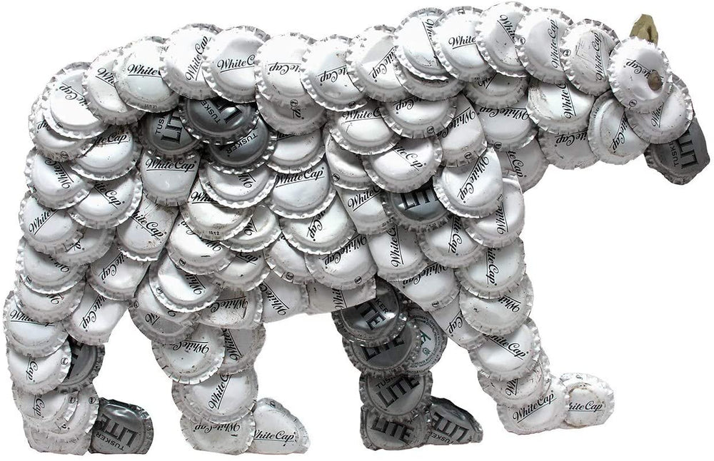 Handmade Bottle Cap Polar Bear Wall Plaque (Kenya) White Metal - Diamond Home USA
