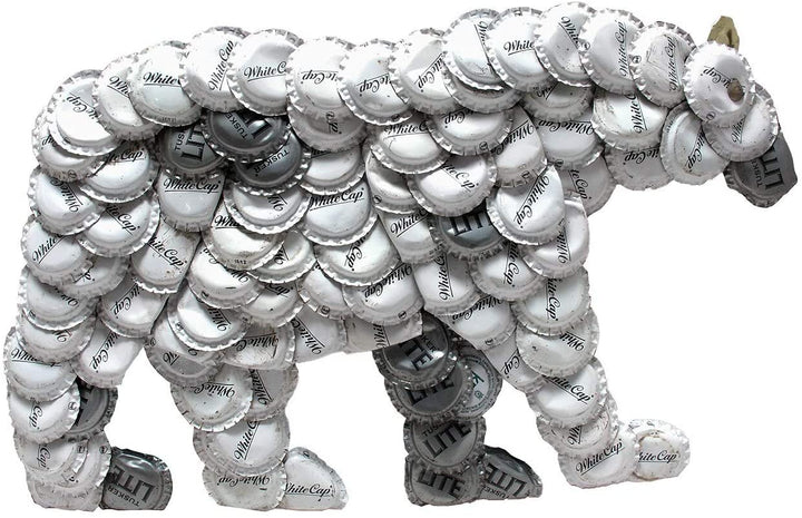 Handmade Bottle Cap Polar Bear Wall Plaque (Kenya) White Metal - Diamond Home USA