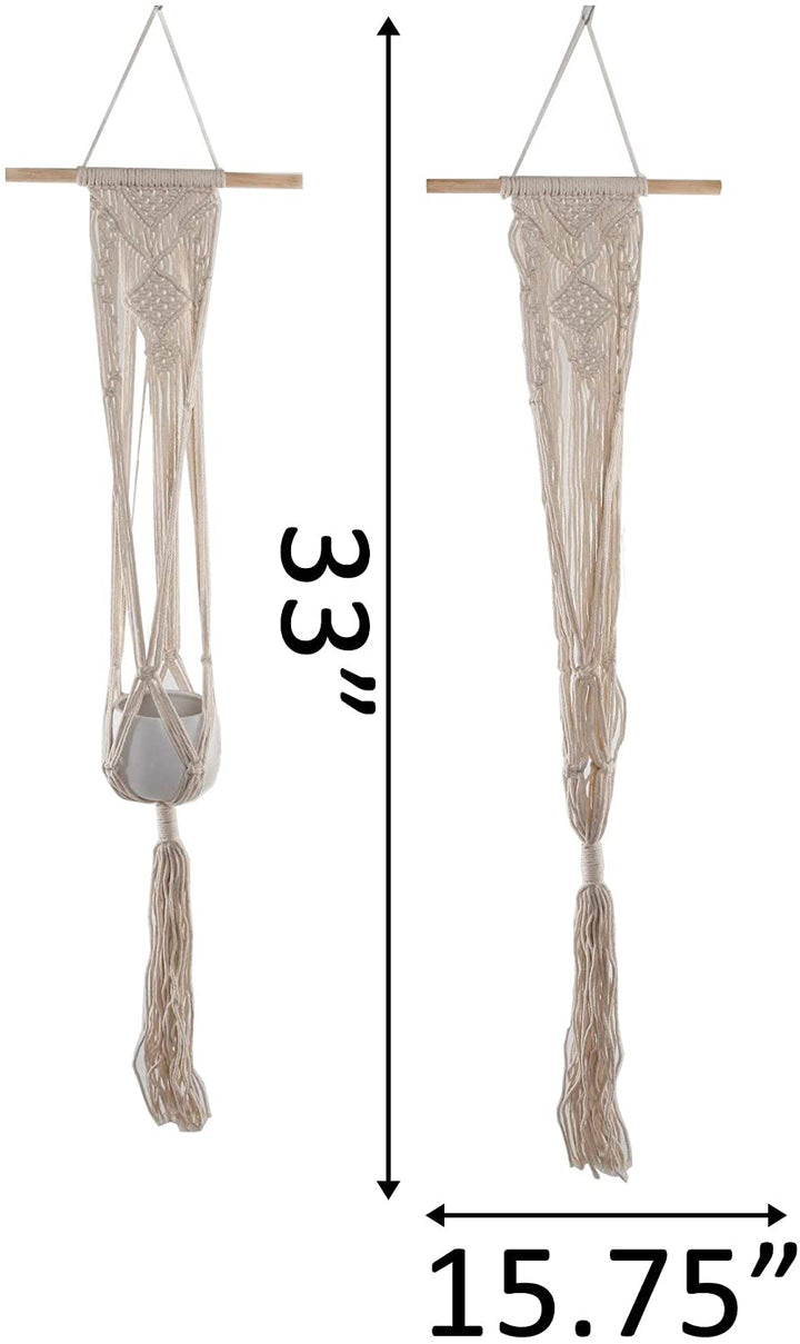 33" H Hanging Macrame Planter Hanger White Mid Century Modern Round Ceramic Handmade - Diamond Home USA