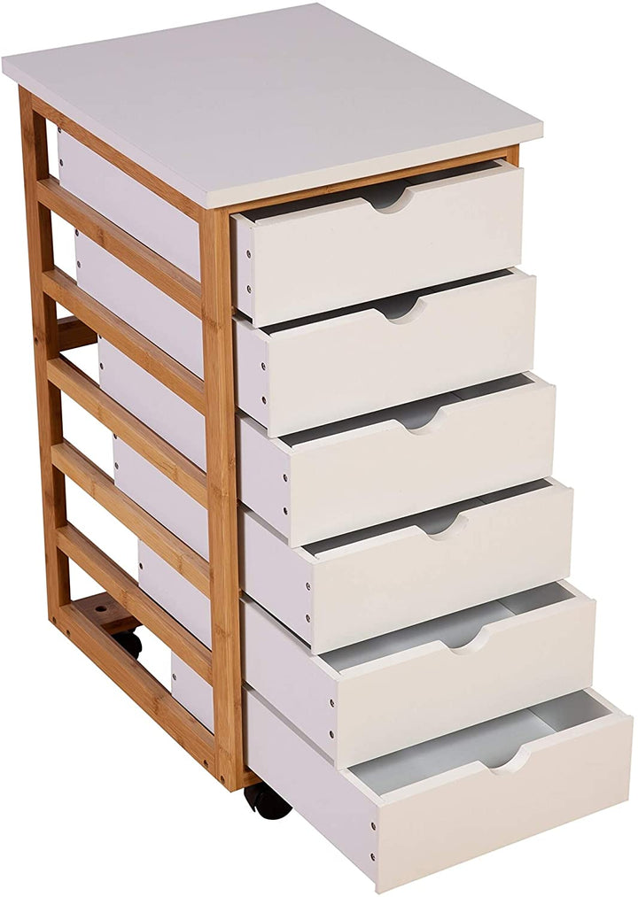 MISC Solid Bamboo Frame 6 Drawer Rolling Cart White MDF Drawers