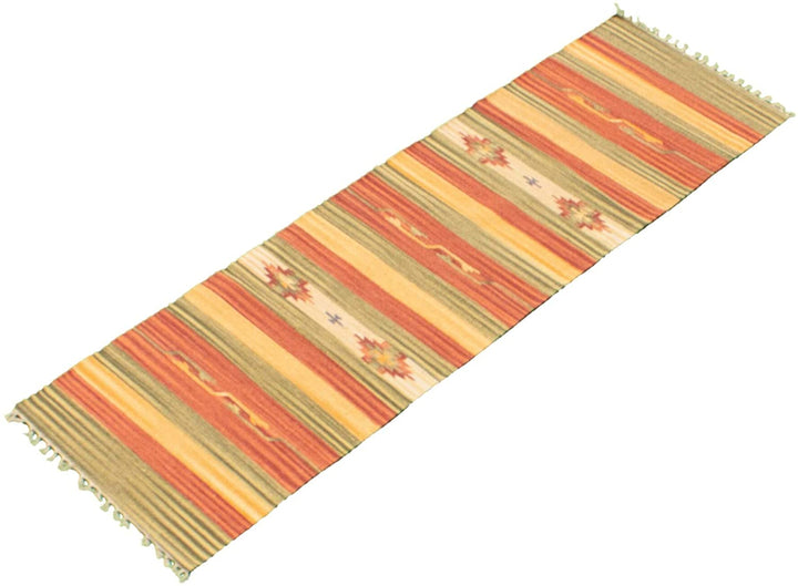 Flat Weave Bold Colorful Red Orange Wool 2'0 X 6'8 Stripe Patterned Southwestern Transitional Rectangle Cotton Latex Free Handmade Made Order - Diamond Home USA