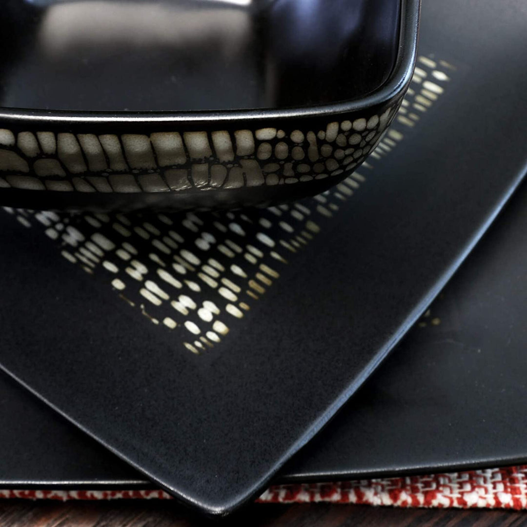 Geo 16 Piece Double Bowl Stoneware Dinnerware Set Brown Geometric Casual Square Microwave Safe - Diamond Home USA