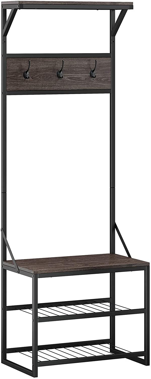 Weathered Wood Grain Finish/Black Metal Frame Hall Tree Brown Veneer Includes Hardware
