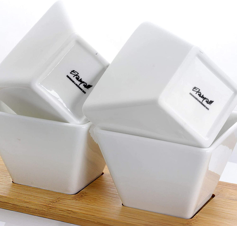 Pantry Basics 5pc Appetizer Condiment Server W/Bamboo Block White Rectangle Stoneware 5 Piece Dishwasher Safe - Diamond Home USA