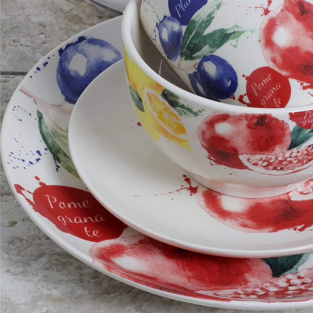 Pomegranate 16 Piece Luxury Stoneware Dinnerware Set Color Floral Casual Round Microwave Safe - Diamond Home USA