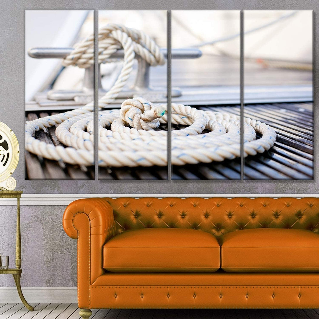 White Nautical Rope Modern Landscape Canvas Art White Coastal Rectangle Includes Hardware
