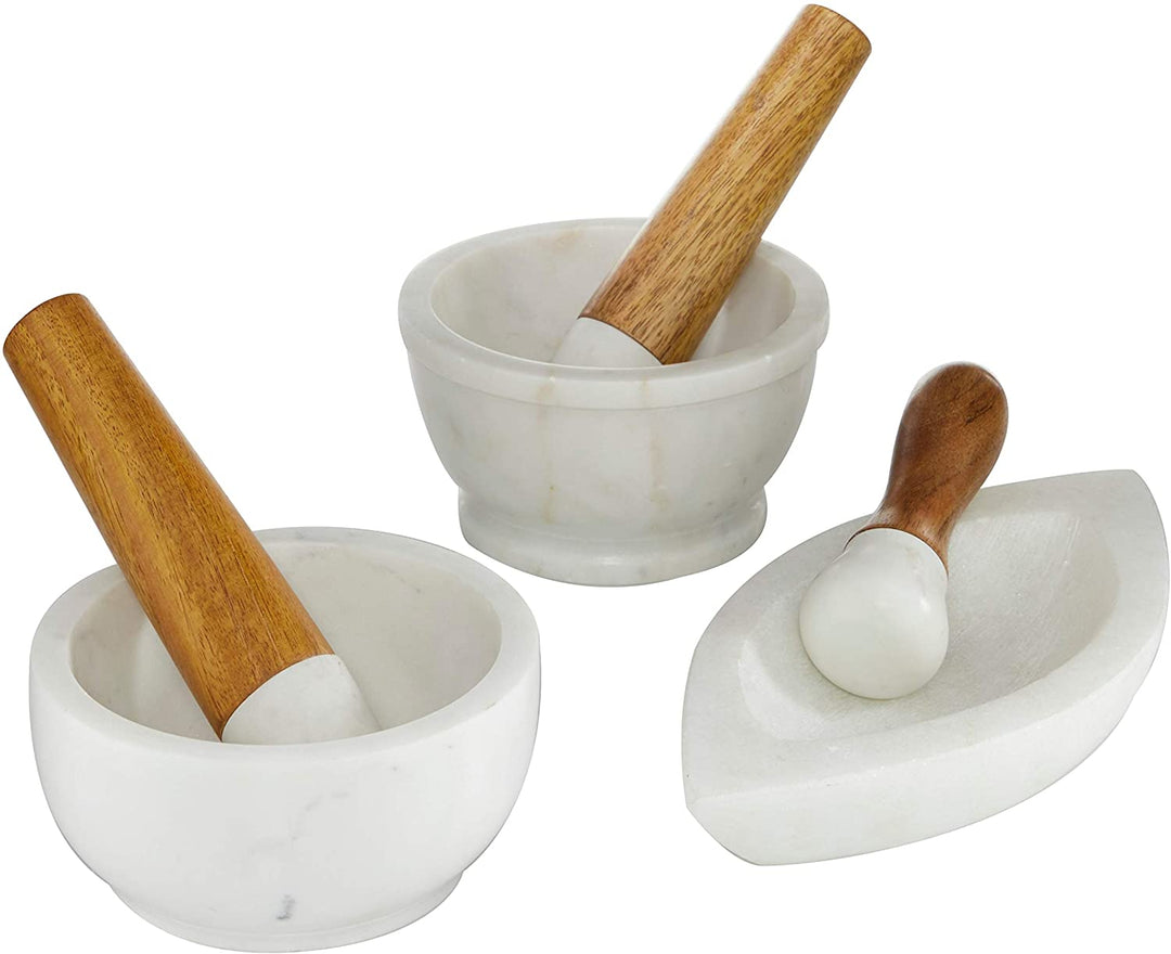 3 Pcs Marble Mortar Pestle Set Wooden Handle White 6 X 7 5