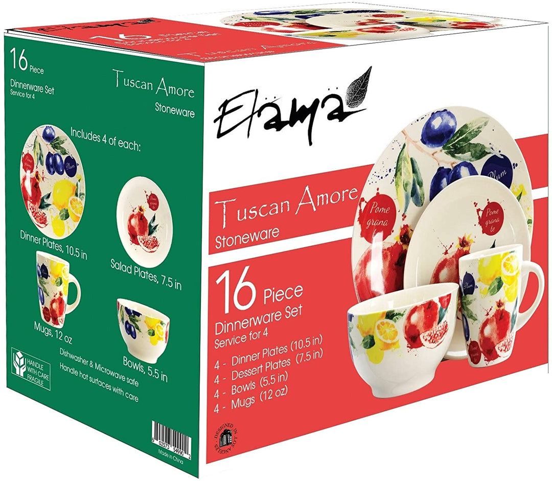 Pomegranate 16 Piece Luxury Stoneware Dinnerware Set Color Floral Casual Round Microwave Safe - Diamond Home USA
