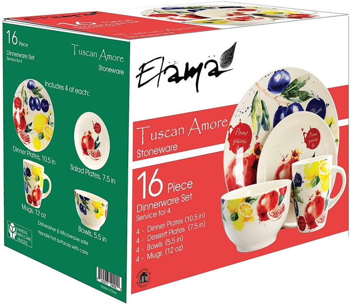 Pomegranate 16 Piece Luxury Stoneware Dinnerware Set Color Floral Casual Round Microwave Safe - Diamond Home USA