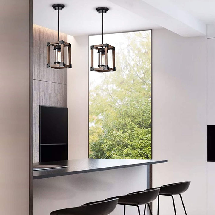 Antique Black Wooden Cage Glass Cylinder Pendant Chandelier N/ Industrial Iron