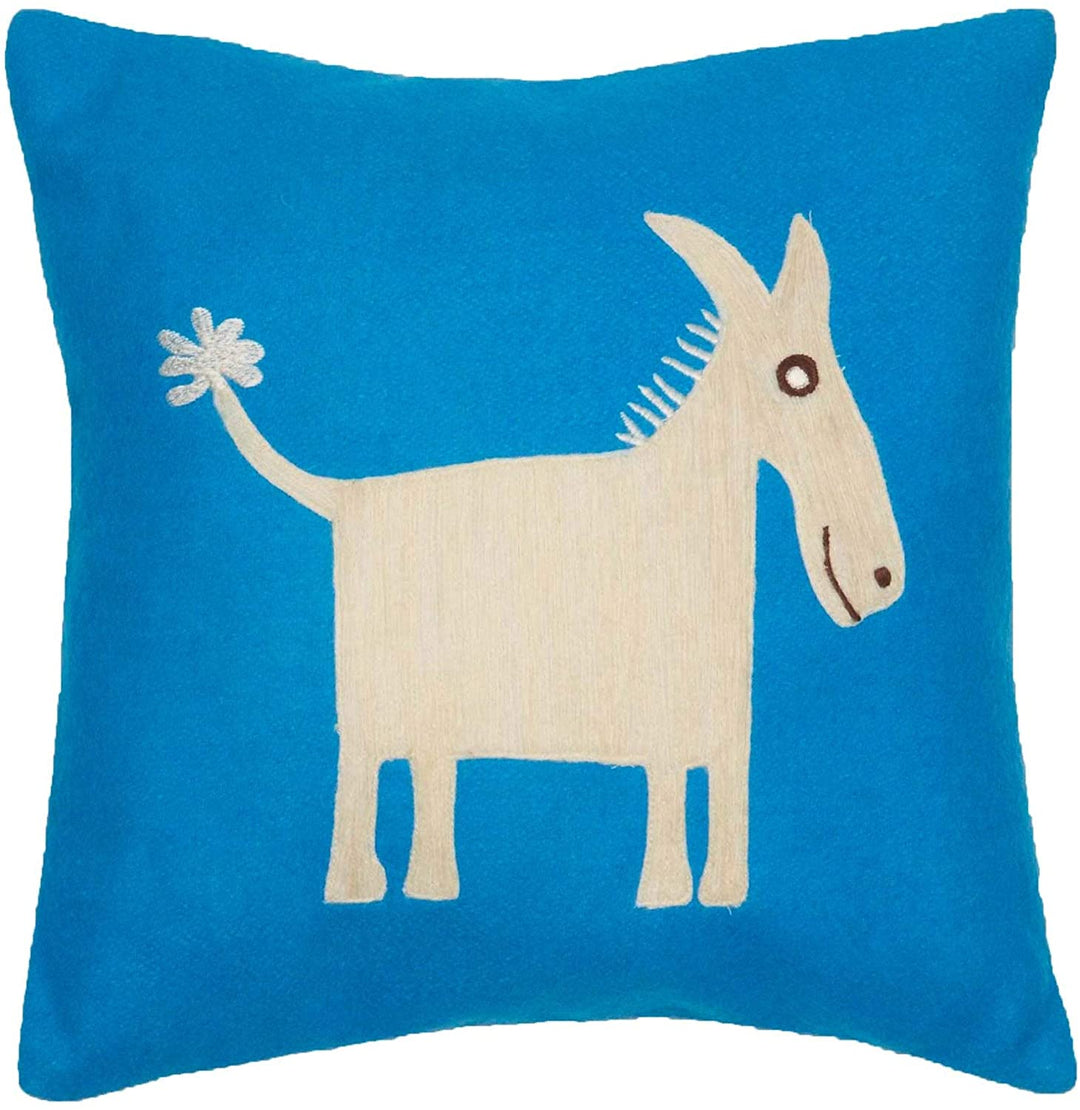 Donkey Applique Decorative Wool Pillow Blue Animal Casual