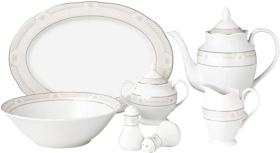 57 Piece Wavy Dinnerware Set Porcelain China Service 8 People Atara Silver Banded Casual Round Porcelain Dishwasher Safe - Diamond Home USA