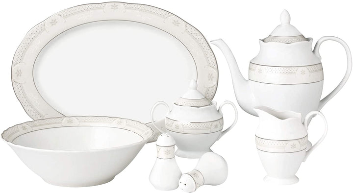 57 Piece Wavy Dinnerware Set Porcelain China Service 8 People Atara Silver Banded Casual Round Porcelain Dishwasher Safe - Diamond Home USA