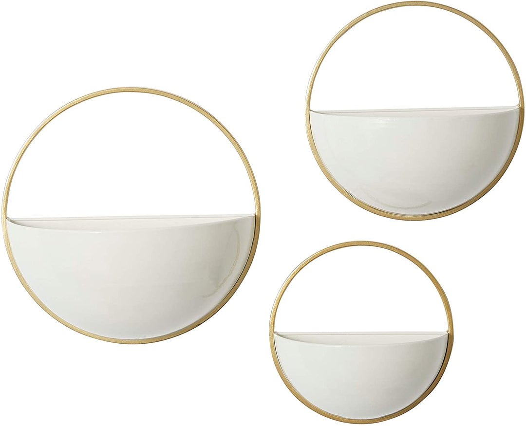 Round White Gold Metal Wall Planters Set 3 9" 11" 13" 12 X 6