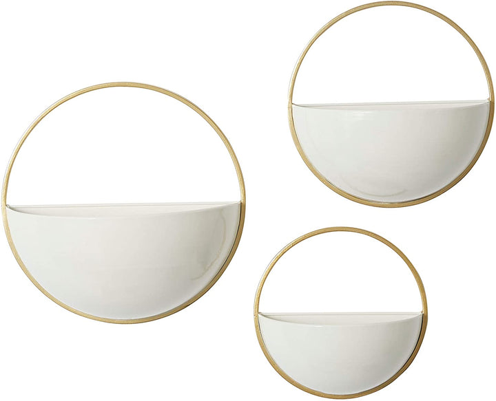 Round White Gold Metal Wall Planters Set 3 9" 11" 13" 12 X 6