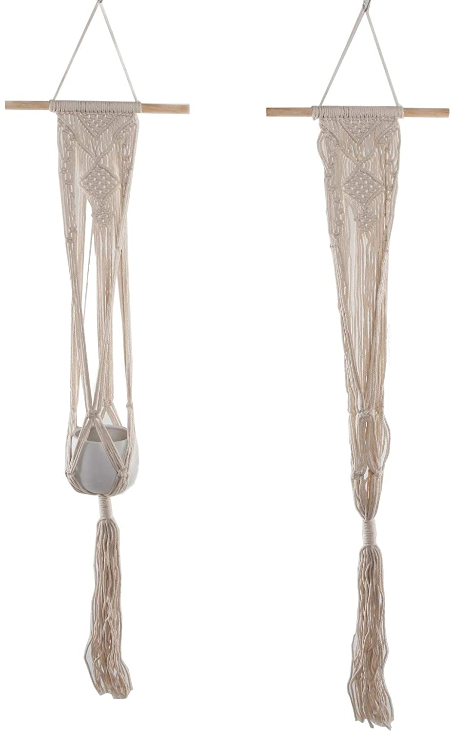 33" H Hanging Macrame Planter Hanger White Mid Century Modern Round Ceramic Handmade - Diamond Home USA