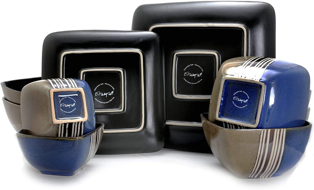 Lounge 16 Piece Squared Dinnerware Set Blue Stripe Casual Square Stoneware Microwave Safe - Diamond Home USA