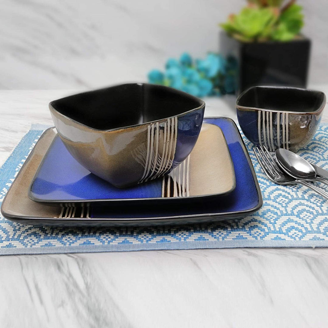 Lounge 16 Piece Squared Dinnerware Set Blue Stripe Casual Square Stoneware Microwave Safe - Diamond Home USA