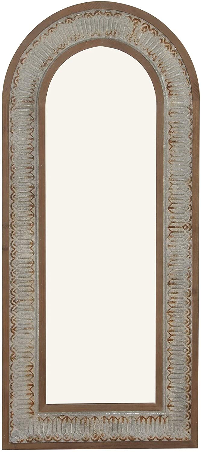 Tall Arched Natural Wood Distressed Metal Patterned Framed Wall Mirror 26" X 58" 26 X 2 59 Gold Farmhouse - Diamond Home USA