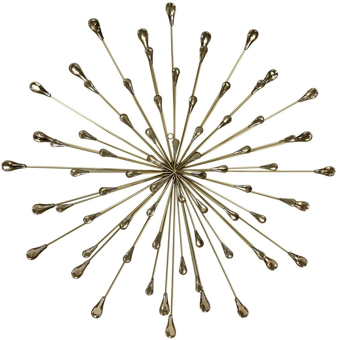 28" Dia Gold Starburst Metal/Clear Beads Wall Art Clear Modern Contemporary Acrylic Metal Handmade - Diamond Home USA