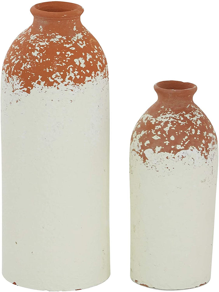 White Textured Porcelain Bottle Vase Terracotta Orange Distressed Top Set 2 11" 14" 6 X 13 Color Ceramic - Diamond Home USA