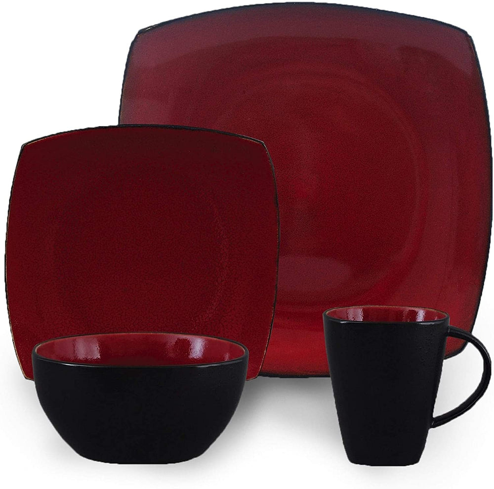 Modern 16 Piece Squared Dinnerware Set Red Solid Casual Square Stoneware Microwave Safe - Diamond Home USA