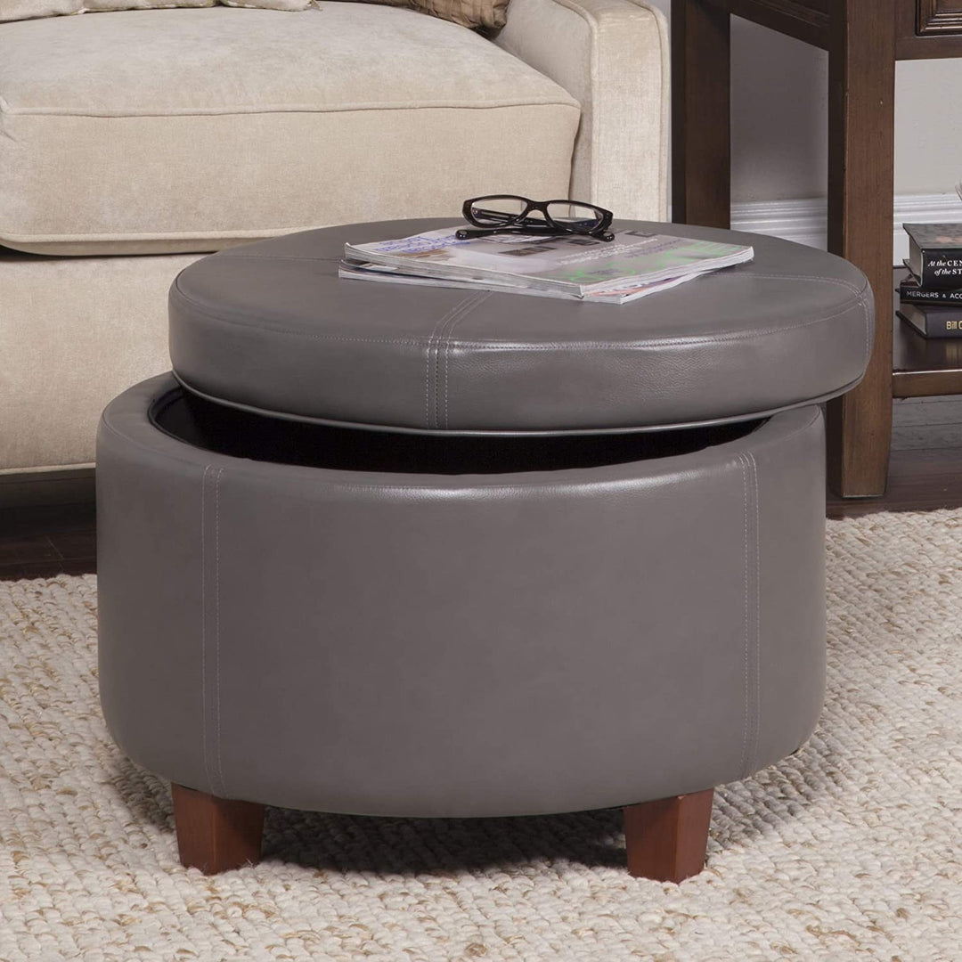 Charcoal Grey Leatherette Round Storage Ottoman Solid Casual Transitional Faux Leather Foam Wood - Diamond Home USA