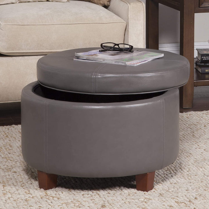 Charcoal Grey Leatherette Round Storage Ottoman Solid Casual Transitional Faux Leather Foam Wood - Diamond Home USA