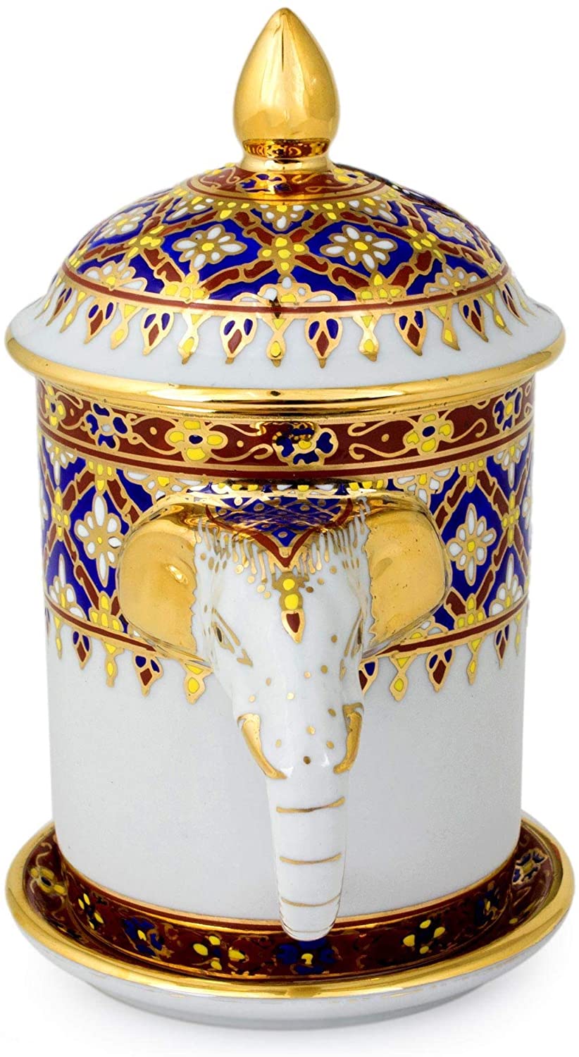 Handmade Porcelain Mug 'Thai Elixir' (Thailand) Gold White Geometric Traditional Round 1 Piece - Diamond Home USA