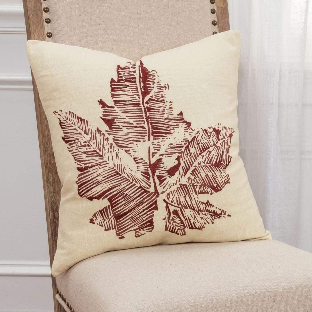 MISC 18"x18" Deep Red Leaf Polyester Filled Pillow Nature Farmhouse Cotton Single Removable Cover Textured