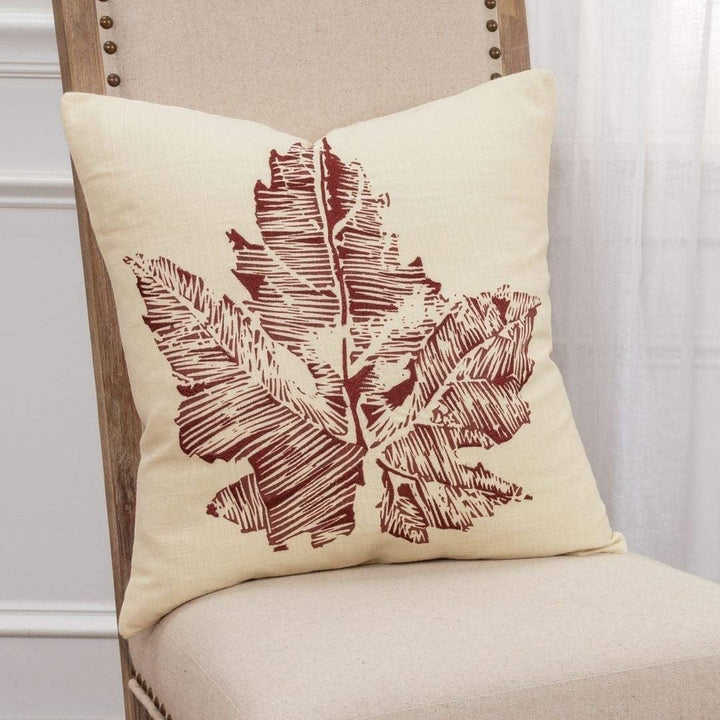 MISC 18"x18" Deep Red Leaf Polyester Filled Pillow Nature Farmhouse Cotton Single Removable Cover Textured