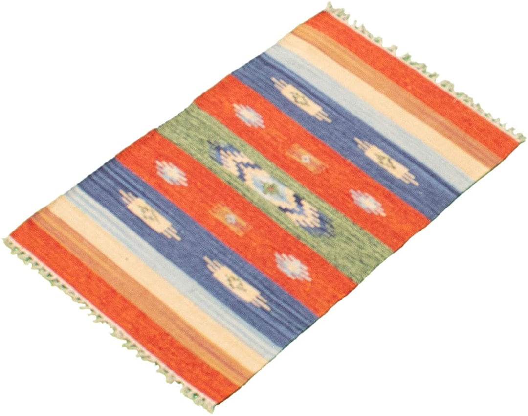 Flat Weave Bold Colorful Red Wool 2'0 X 3'0 Stripe Patterned Southwestern Transitional Rectangle Cotton Latex Free Handmade Made Order - Diamond Home USA