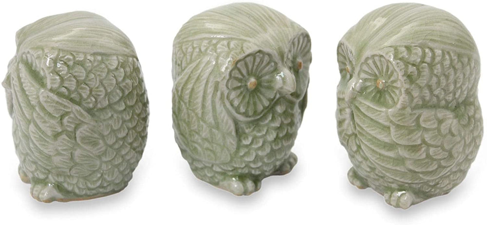 Ceramic Statuettes 'Green Owl Trio' (Set 3) Thailand Green Handmade - Diamond Home USA