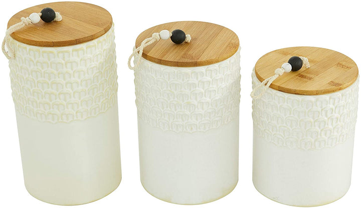 White Textured Stoneware Canister Wood Lid Beaded Handle Set 3 6 75" 8 5" 9 25" 5 X 9 Clay - Diamond Home USA