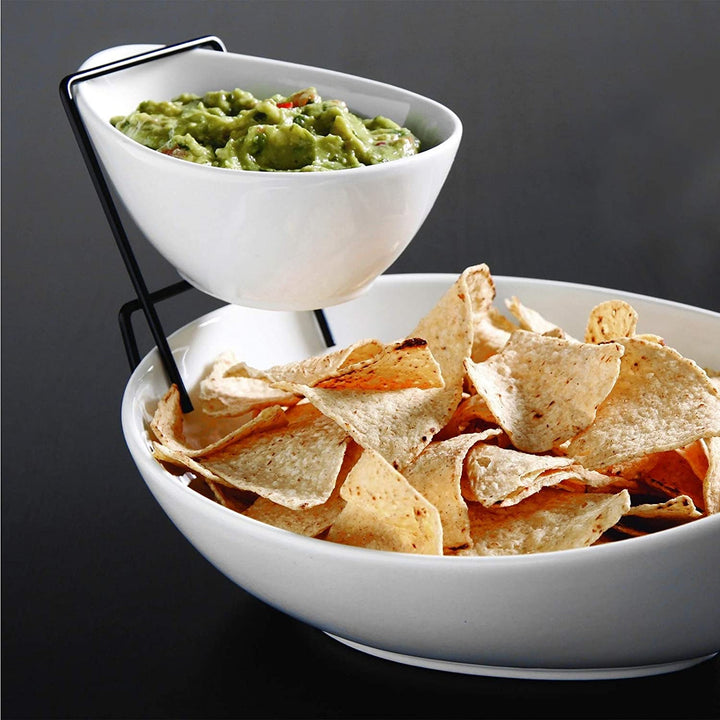 Dining 2 Tier Chip Dip Server Set White Solid Classic Oval Ceramic 3 Piece Dishwasher Safe - Diamond Home USA
