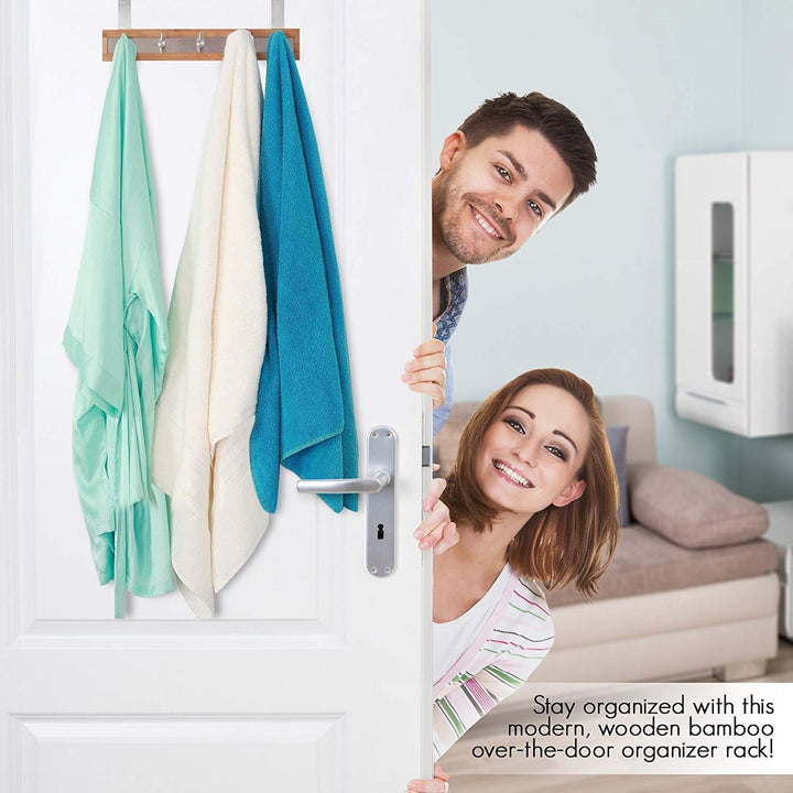 Silver Brown Over Door Towel Rack 5 Hook Bamboo Piece Home Bathroom Hanging Rack Five Hook Storage Space Stainless Steel
