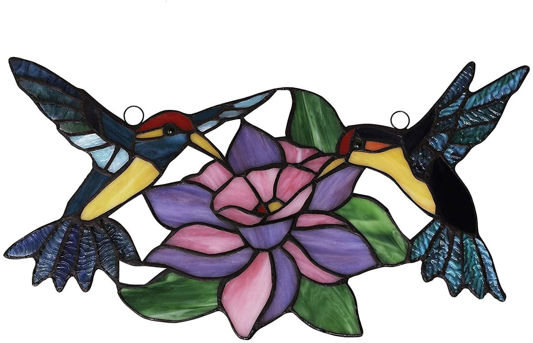 Stained Glass Hummingbirds Blossom Window Panel Blue Green Purple Casual Farmhouse Modern Contemporary Novelty Nature Metal Handmade - Diamond Home USA