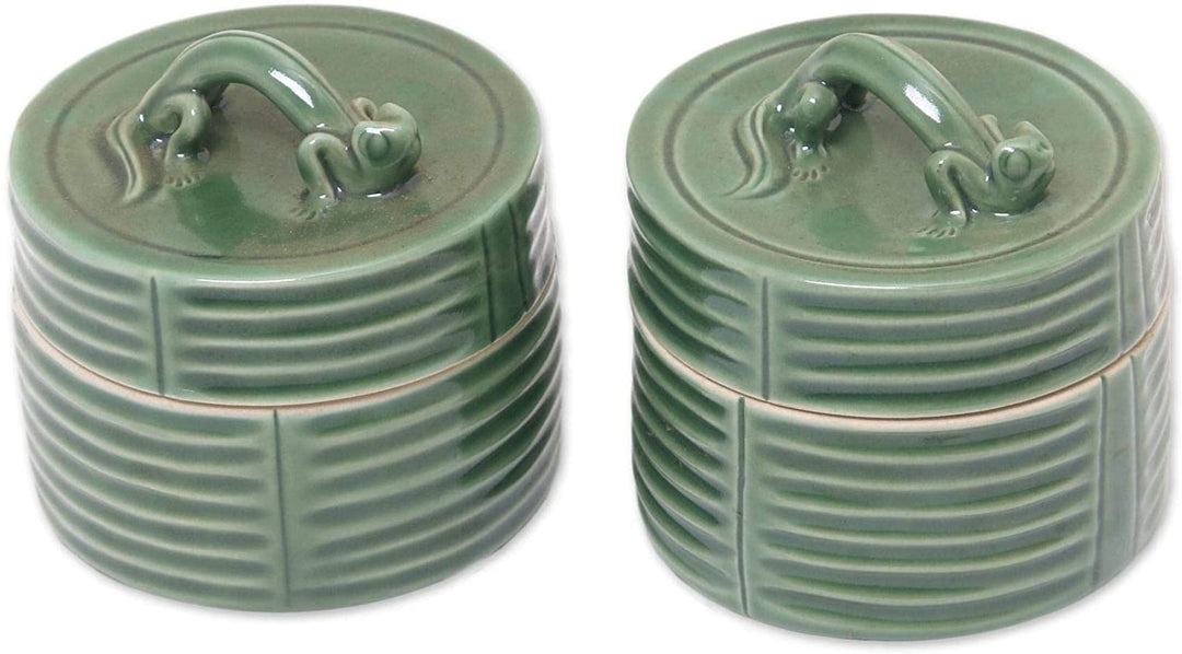Handmade Dancing Ceramic Condiment Jars (Pair) Green 2