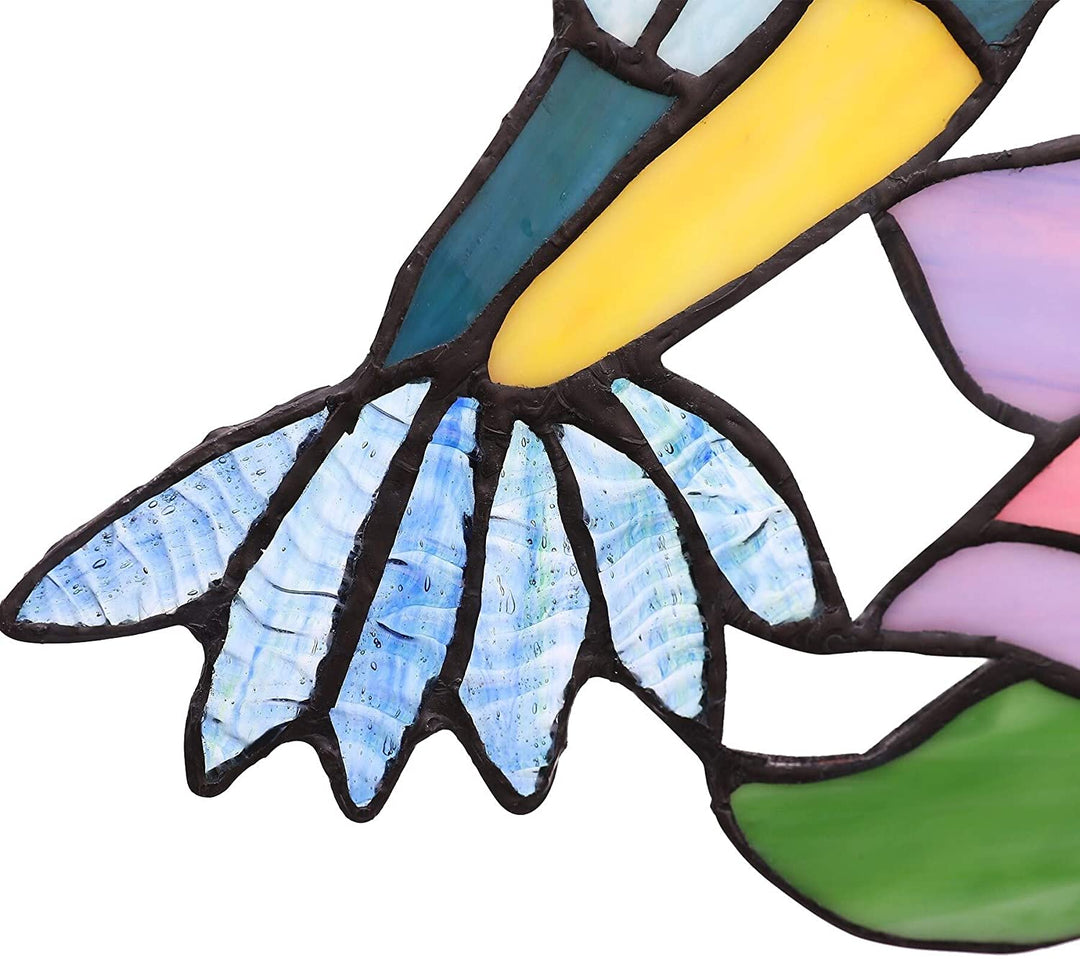 Stained Glass Hummingbirds Blossom Window Panel Blue Green Purple Casual Farmhouse Modern Contemporary Novelty Nature Metal Handmade - Diamond Home USA