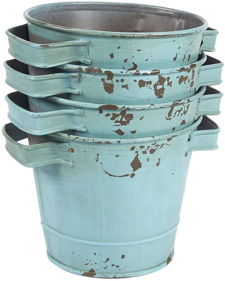 MISC 4 Set Galvanized Planter Garden Buckets Handles Planting Decoration Blue Iron