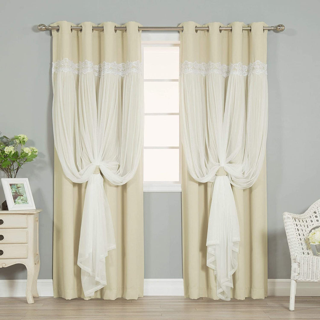 Lace Overlay Blackout Grommet Curtain Pair Beige Floral Novelty Solid Casual Shabby Chic Polyester Energy Efficient Insulated Thermal - Diamond Home USA