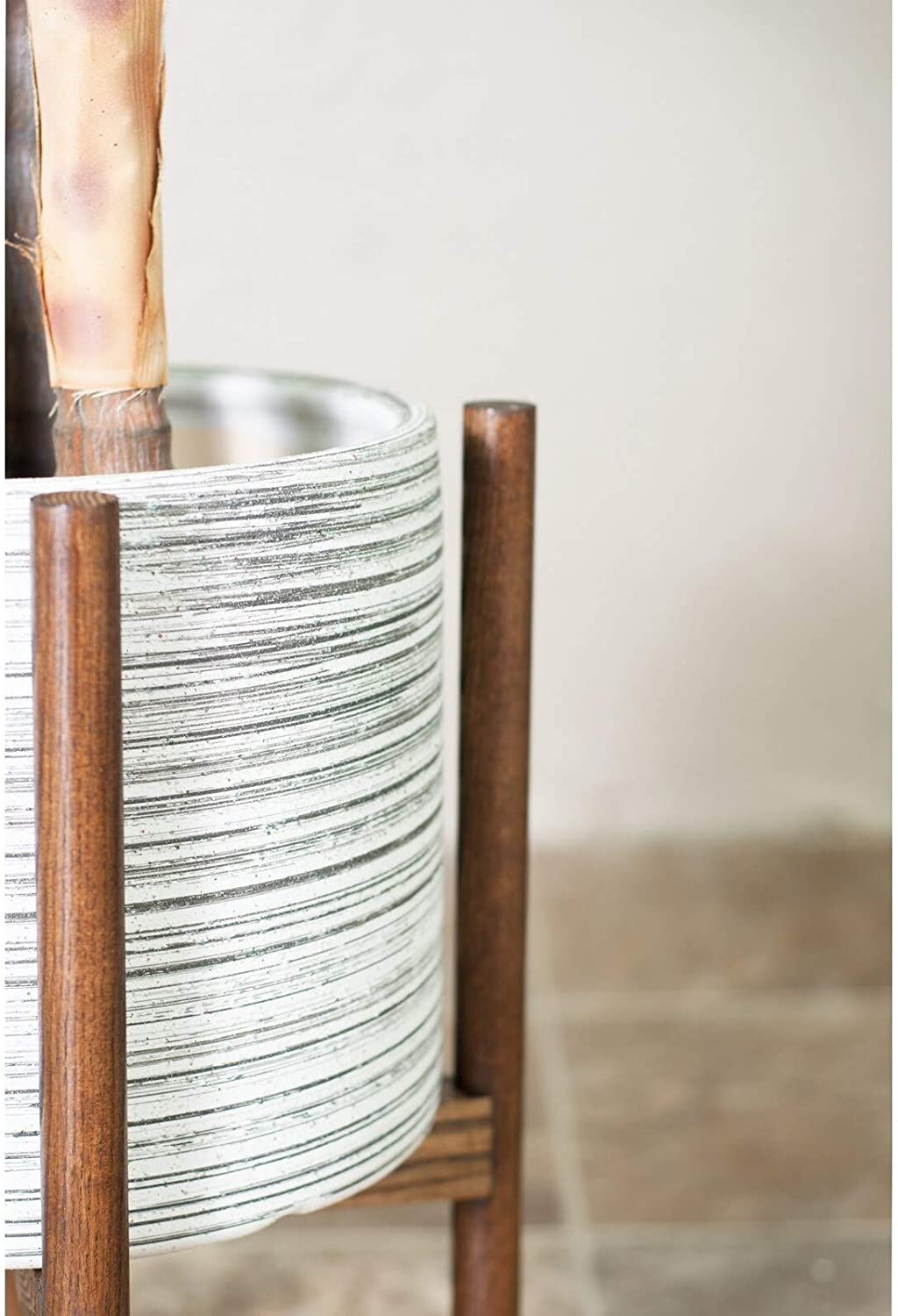 Large Ceramic Pot 10" Gray Wood Stand Dark Walnut Brown Grey Mid Century Modern Round Handmade - Diamond Home USA