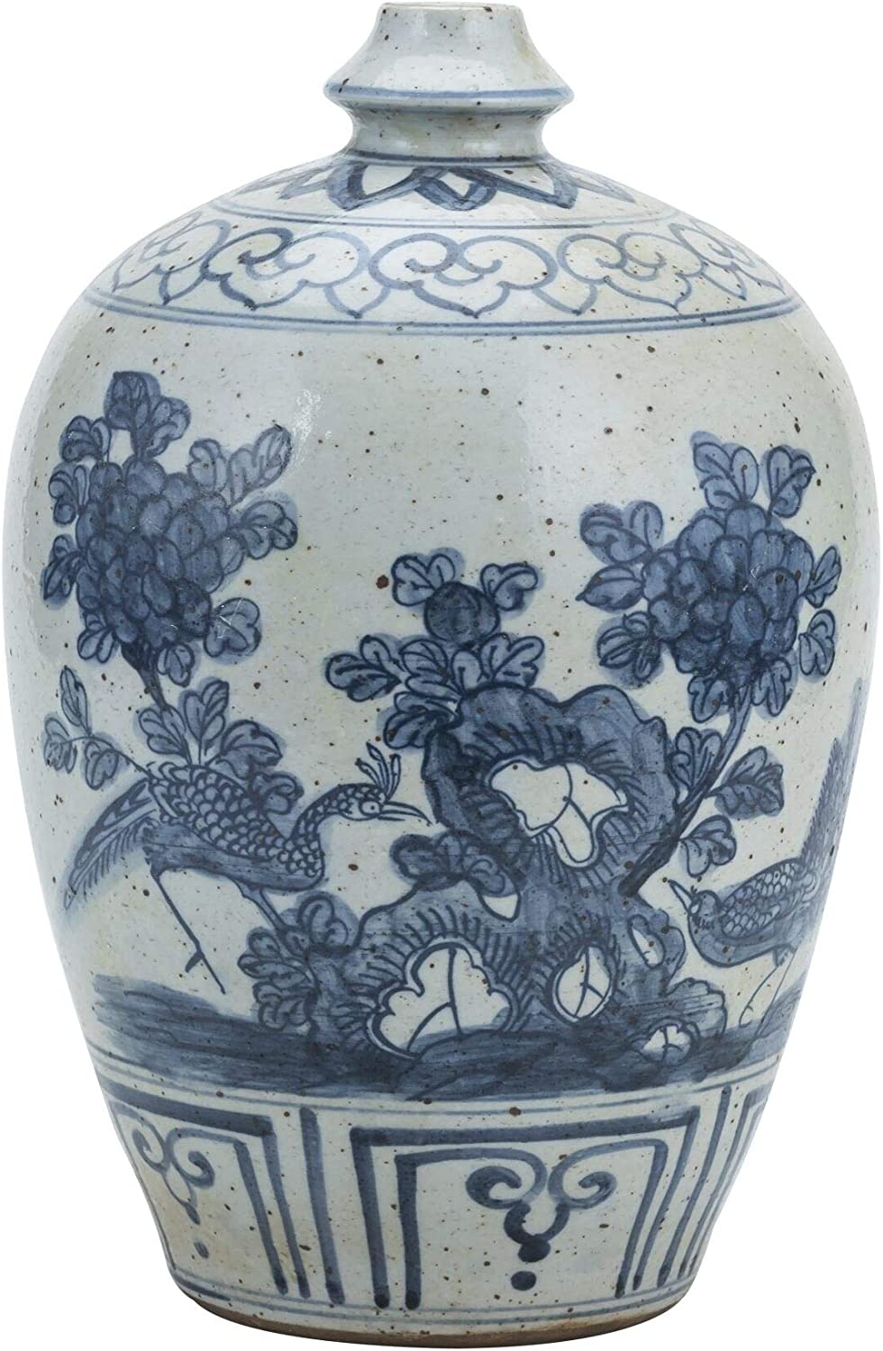 Blue White Garlic Head Vase Flower Bird Motif Porcelain