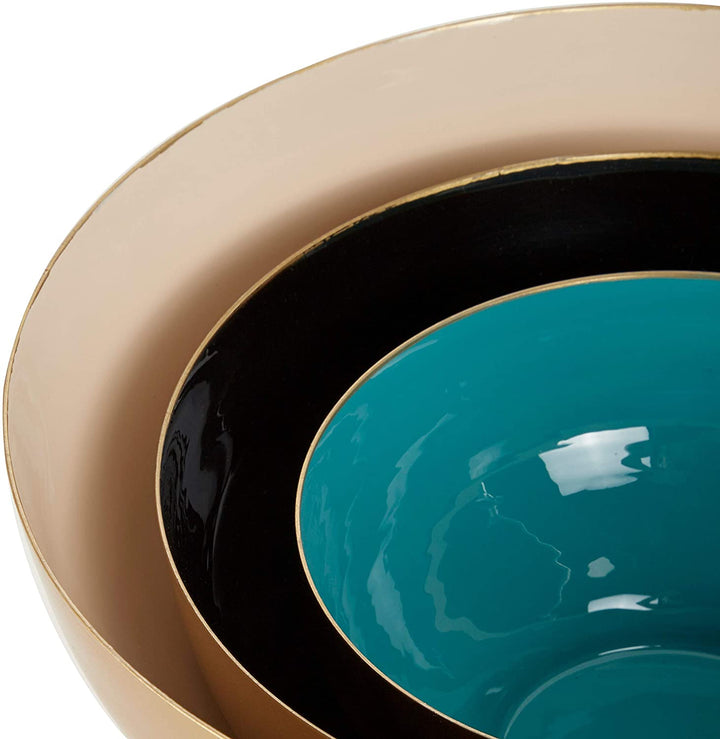 Colored Enamel Gold Metal Bowls Set 3 10" 8" 6" 14 X 10 4round Color - Diamond Home USA