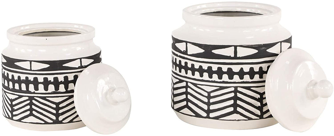 Large Round Black White Ceramic Jars W Eclectic Geometric Patterns Set 2 7 X 9 Transitional - Diamond Home USA